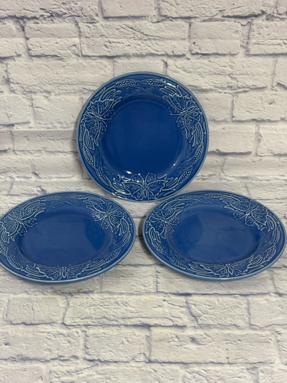 Bordallo Pinheiro Papillon 3 Blue Dinner Plates Butterfly & Wheat, Portugal